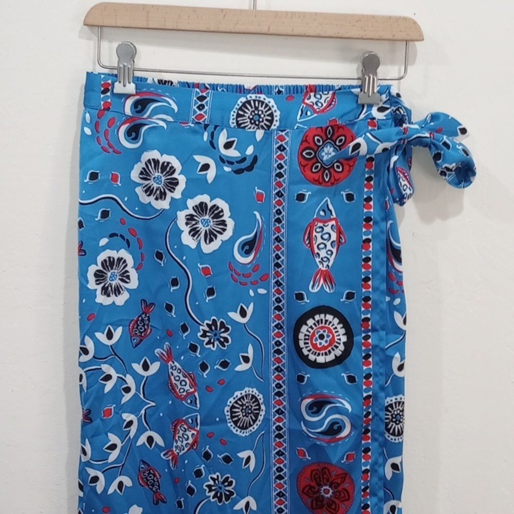 Rachel Zoe Blue Satin Bandana Scarf Print Faux Wrap Skirt, Size XS - Picture 2 of 9